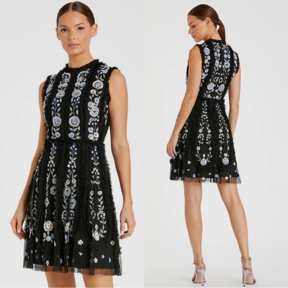 Mac Duggal 9135 Sleeveless High Neck Embroidered Mini Dress Size 12 NWT Black